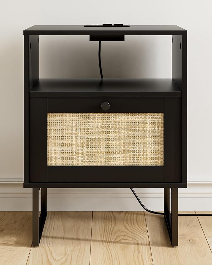 Rattan Nightstand with Charging Station, Boho Night Stand Farmhouse Wood - Image 5