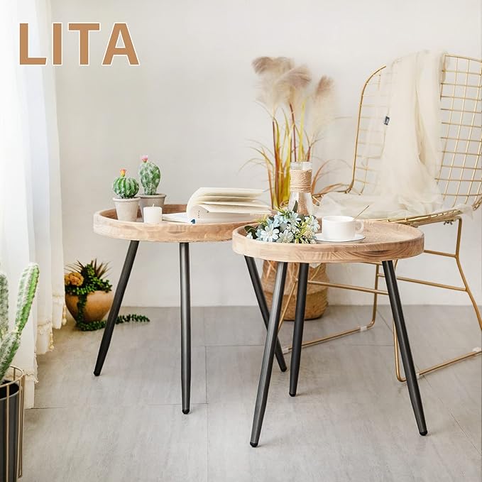 LITA 2 Pcs Round Side End Table, Nightstand Tables, Log Desktop, Wooden Tray - Image 2