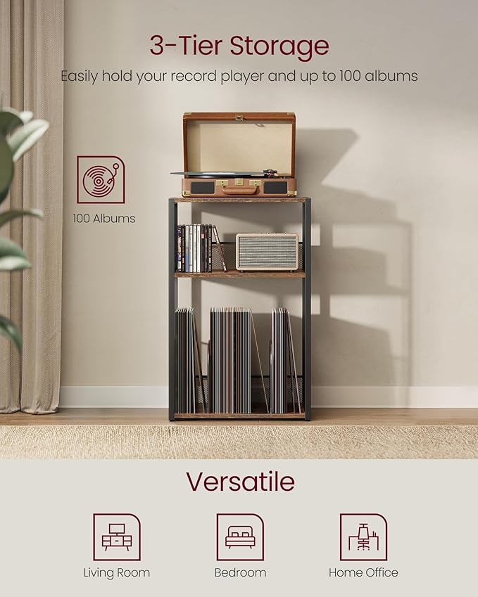 VASAGLE Record Player Stand, 3-Tier Side Table, Vinyl Record Storage up to 100 - Image 4