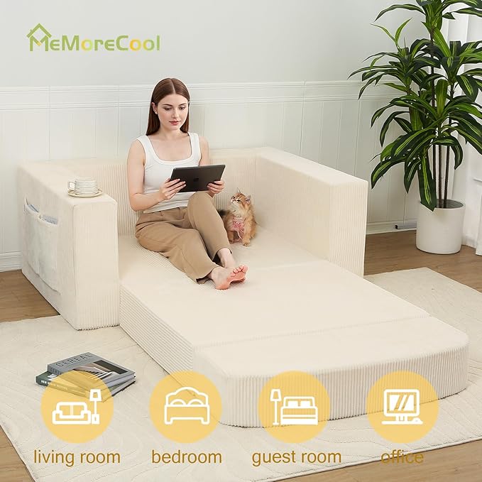 MeMoreCool Convertible Sofa Bed, Pull Out Loveseat Sleeper Sofa Beige, Small - Image 4