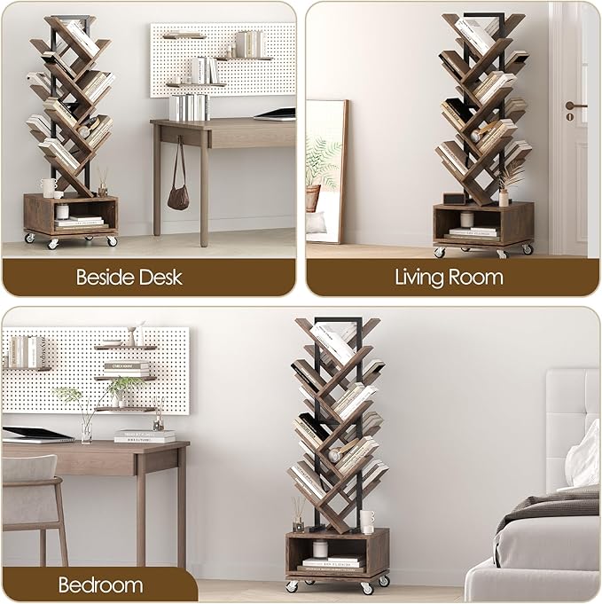 49" Rotating Tree Bookshelf, 7 Tier Double Sided Shelf, Wood Corner Bookshelf - Image 7