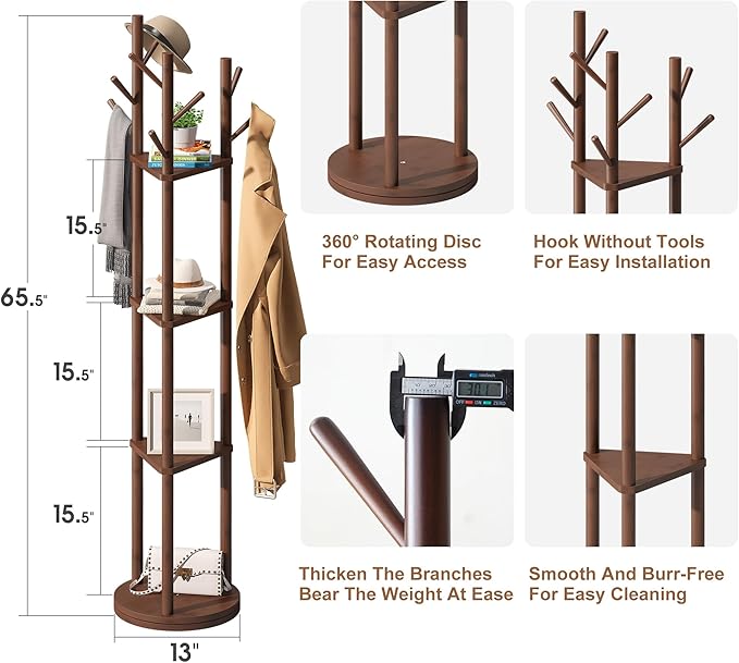 FILWH Bamboo Coat Rack Rotary Freestanding - Image 7
