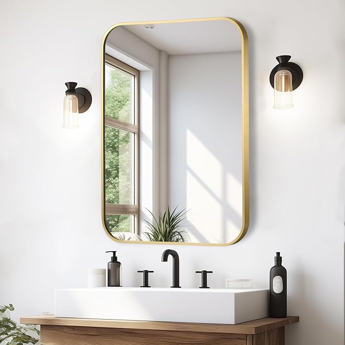 Brushed Gold Mirror, Metal Frame Rectangle Corner Vanity Mirror, Wall Mounted - Image 2