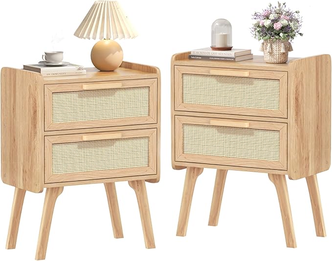 Lerliuo Rattan Nightstands Set of 2, Boho Night Stand by Lerliuo