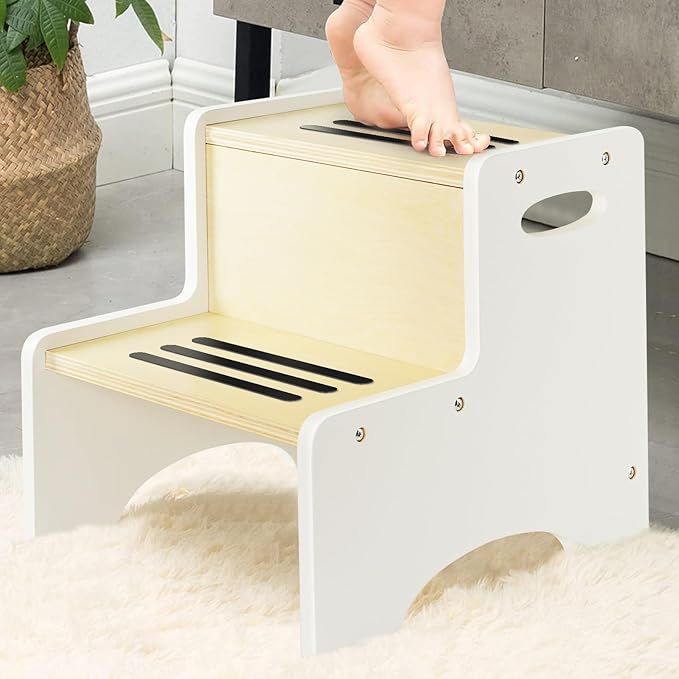 WOOD CITY Kids Step Stool for Toddler, Wooden White-Natural Patchwork Two Step by WOODCITY