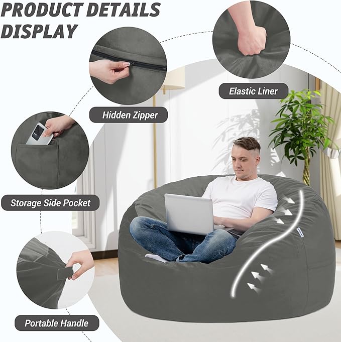 3FT Bean Bag Chair with Ultra Soft Velvet Cover Bean Bag Sofa with Memory Foam - Image 4