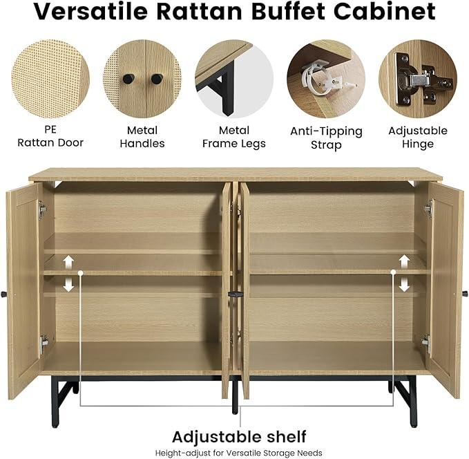 Sideboard Buffets Cabinet with 4 Rattan Doors, Large Storage Accent Cabinet - Image 5