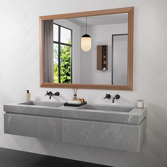 Amorho Bathroom Mirror, 48 X36 Inch Wall Mirror, Walnut Wood Grain Metal Framed - Image 7