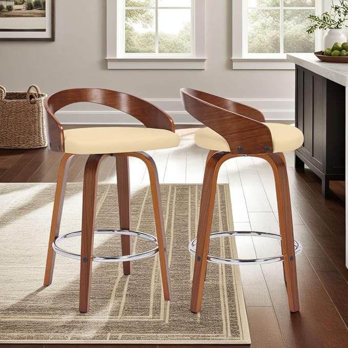 Armen Living Sonia 26" Counter Height Swivel Cream Faux Leather and Walnut Wood by ArmenLiving