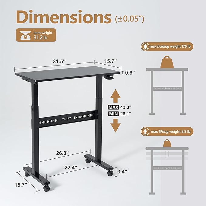 Non-Electric Auto-Lifting Standing Desk, No Knobs or Crank, Rolling and Mobile - Image 2