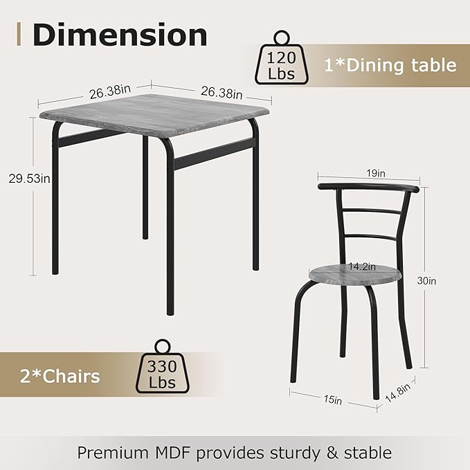 VECELO 3 Piece Dining Table & Chairs Set - Image 2