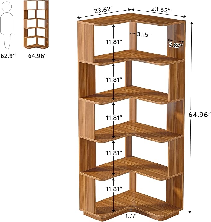 LITTLE TREE 6-Shelf Corner Bookshelf, 65” Tall L Shaped Bookcase, 6-Tier - Image 3