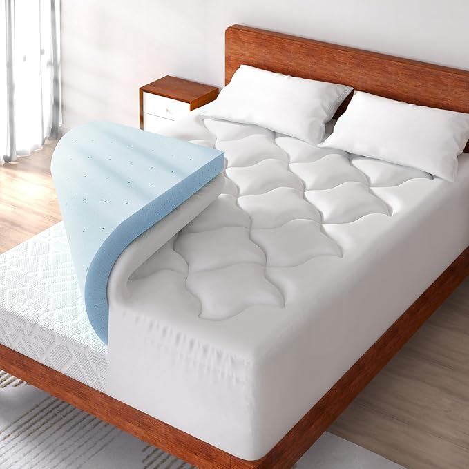 4 Inch Pillow Top Memory Foam Mattress Topper Queen, Dual Layer 2 Inch Gel by Wellos