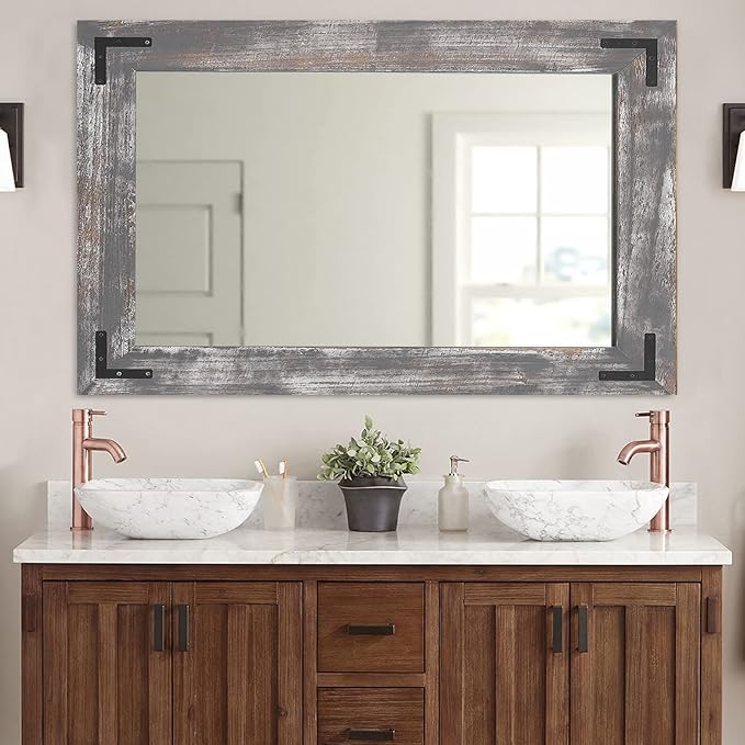 YOSHOOT Rustic Wooden Framed Wall Mirror, Natural Wood Bathroom Vanity Mirror by YOSHOOT