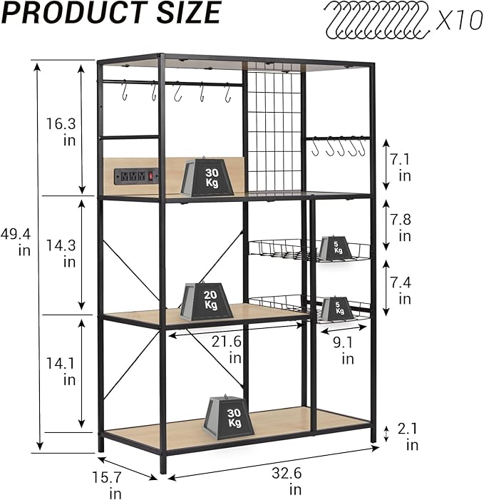 Bakers Rack with Power Outlet, Microwave Stand with Storage, Coffee Bar - Image 3