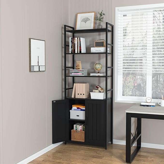 Black Bookshelf with Doors, 6 Tier Book Shelf - Image 6