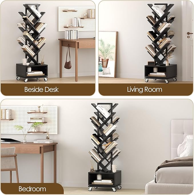 7 Tier Double Sided Rotating Tree Book Shelf, Floor Standing Wood Bookshelf - Image 7