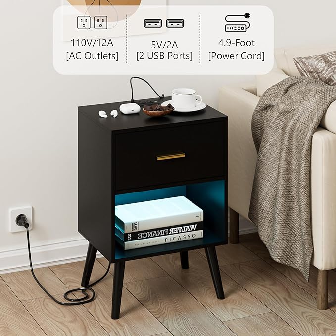 Nightstand with Charging Station and LED Lights, Small Side Table, Bedside - Image 5