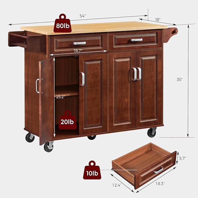 Walnut 54" Rolling Kitchen Island on Wheels, Large Kitchen Cart - Image 6
