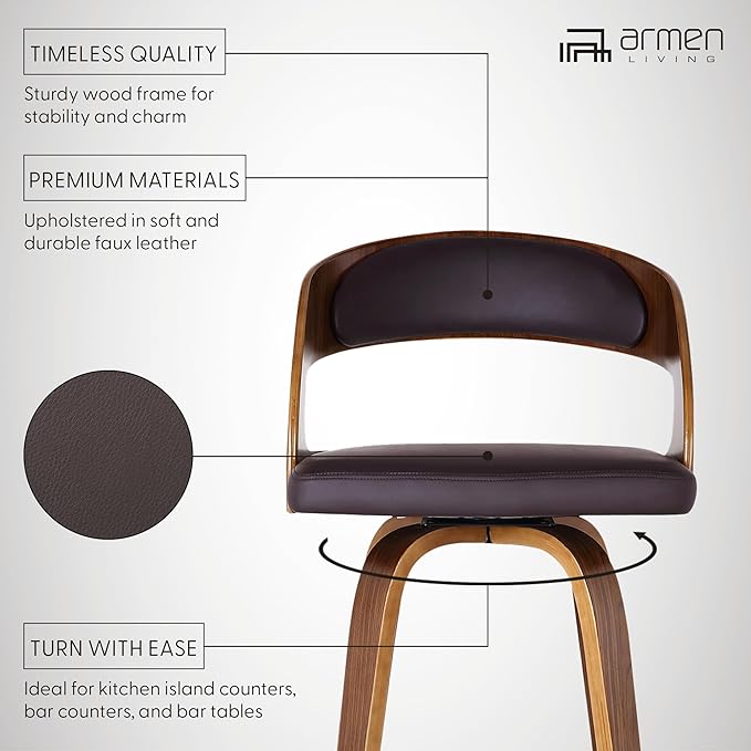 Armen Living Shelly 30" Bar Height Swivel Brown Faux Leather and Walnut Wood - Image 3