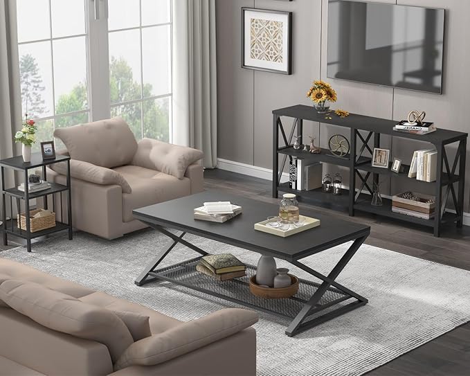 LVB Black Coffee Table, Wood Metal 2 Tier Center Tables - Image 8