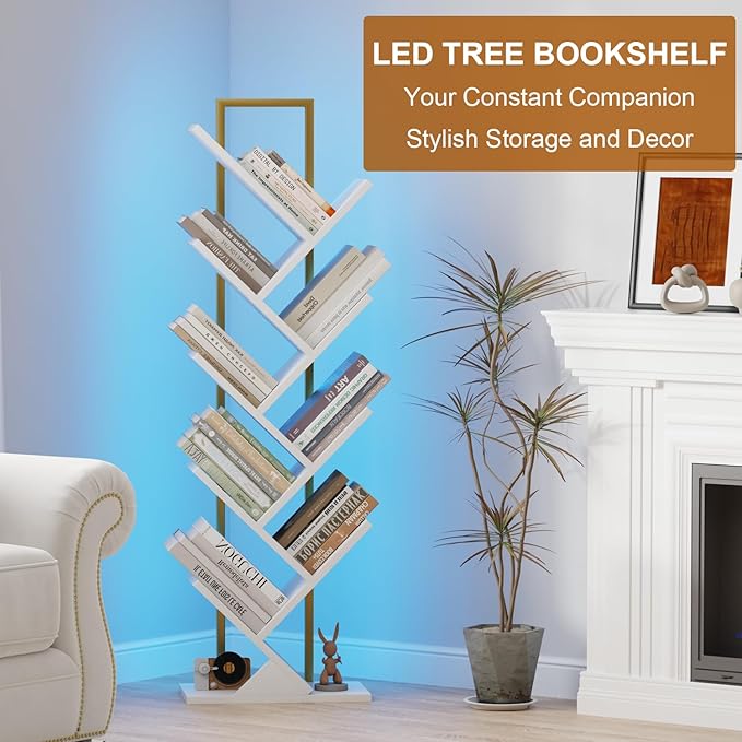 Tree Book Shelf with LED Lights, 9 Tier Floor Standing Bookcase, Classical - Image 7