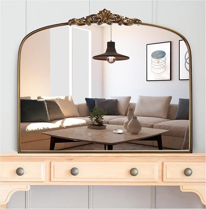 Vintage Gold Arched Wall Mirror 36"x30" – Ornate Baroque Style Antique Brass by Wemily