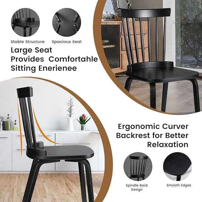 Unovivy Wood Dining Chairs Set of 6, Windsor Farmhouse Spindle Back, Widen Seat - Image 4