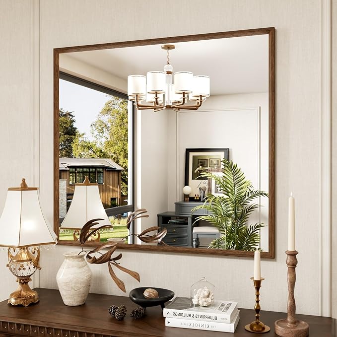 Rectangle Bathroom Mirror 40x36 Inch, Walnut Wood Grain Framed, Anti-Rust & 4mm by JISOSO