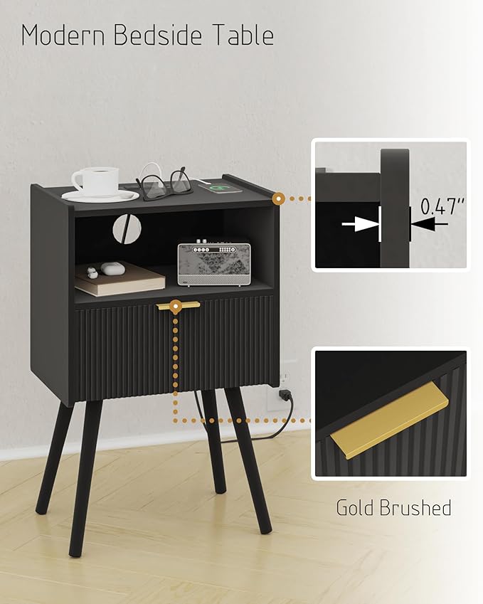 Black Nightstand with Outlet, Modern Bedside Table with Storage Drawer and Open - Image 5