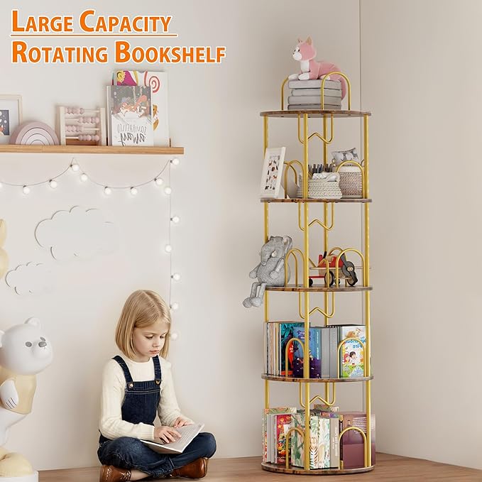 4 Tier Rotating Bookshelf, 360° Spinning Bookshelf Tower, Round Narrow Space - Image 4