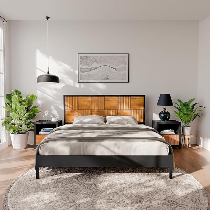 Bme Madia King Size Bed Frame and Headboard, Sophisticated Mid-Century Style by Bme