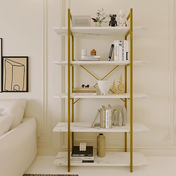 5 Tiers Bookshelf Organizer White Faux Marble Shelf, Modern Open Display by EternalHome