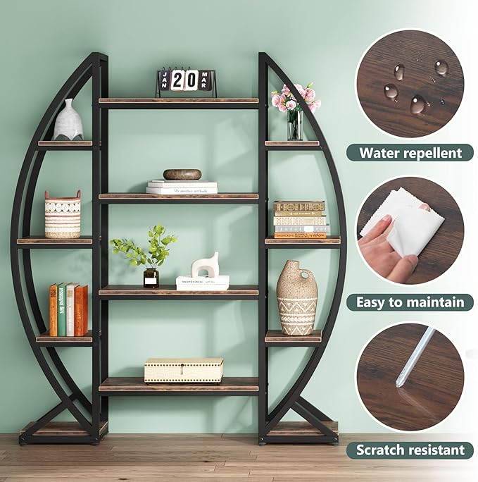 Tribesigns Oval Bookshelf, Triple Wide 5 Tier Etagere Bookcase, Industrial - Image 6