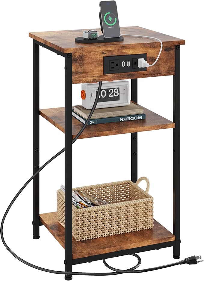 WLIVE End Table with Charging Station, Small Night Stand with 3 Storage Shelves by WLIVE