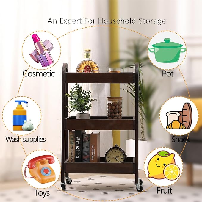 3 Tier Rolling Craft Cart Slim Rolling Storage Cart Wooden Cart on Wheels - Image 3