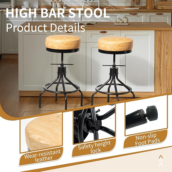 Swivel Bar Stools Adjustable Swivel Barstools Modern PU Leather 28inch Round - Image 6