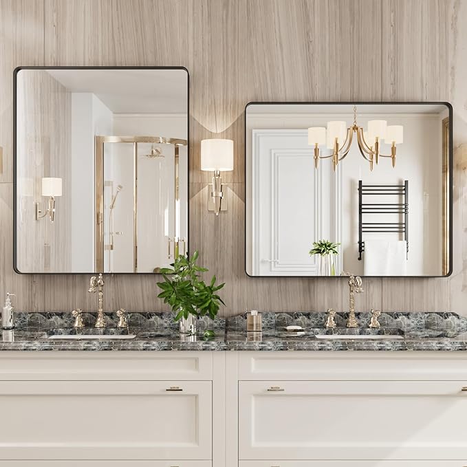 Black Bathroom Mirror 30X36 Inch, Rounded Rectangle Matte Bathroom Vanity Mirror - Image 3