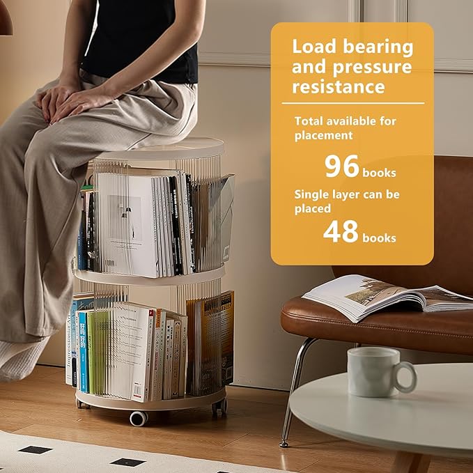 Rotating Bookshelf, 360°Display Spinning Bookshelf, 2 Tiers Moveable White - Image 5