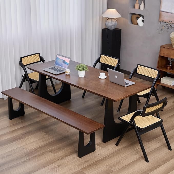 Walnut Color Long Bench Solid Wood Top Metal Legs U-Shaped Design Durable - Image 8