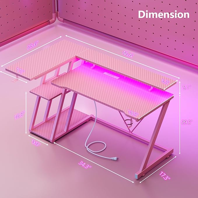47 Inch Pink Gaming Desk with Power Outlet & LED Lights, Corner Computer Desk - Image 2