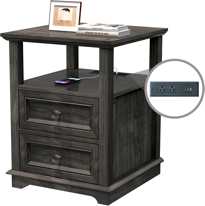 End Table with Fast USB C Charging Station, Large Storage Rustic Wood Square - Image 7