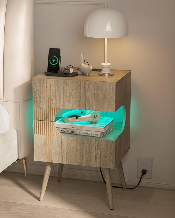 Nightstand with Charging Station and LED Lights, Modern Bedside Table with 2 - Image 9