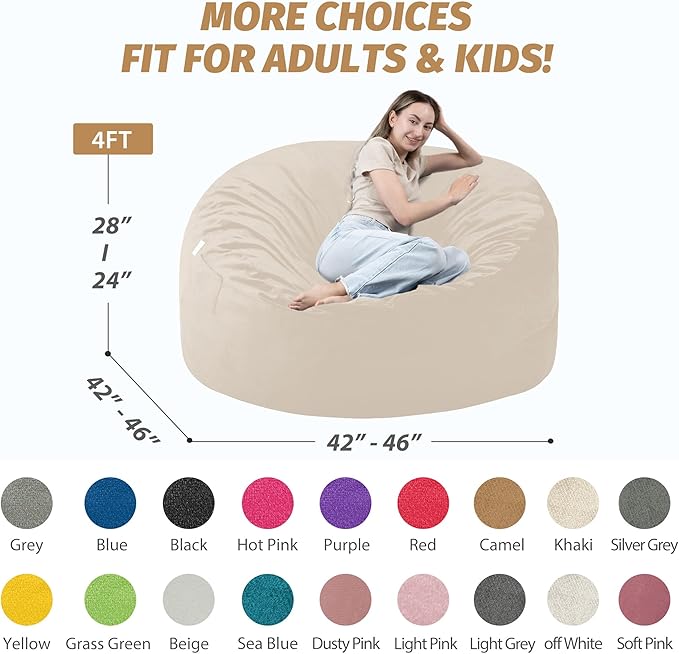 4FT Bean Bag Chair with Ultra Soft Velvet Cover Bean Bag Sofa with Memory Foam - Image 2
