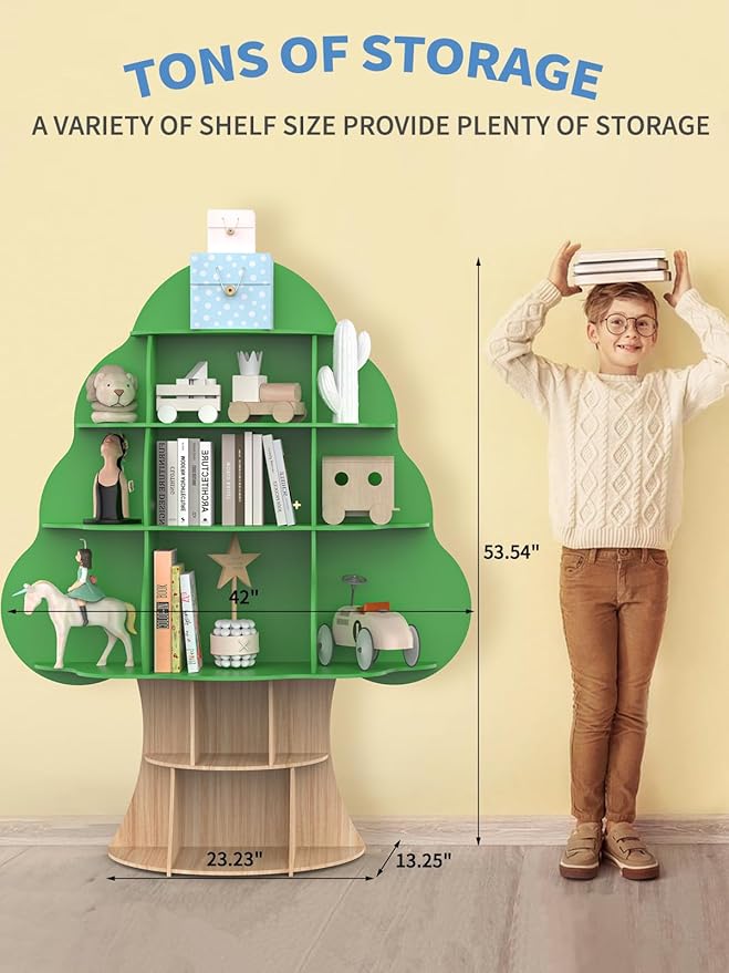 Tree Kids Bookshelf, Toddler Wood Bookcase, 16-Cubby Children Toy Storage - Image 2