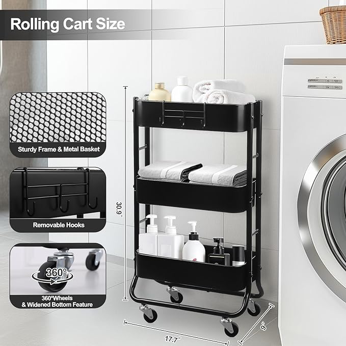 MAX Houser Slim 3-Tier Rolling Utility Cart, Narrow Metal Bathroom Storage - Image 2