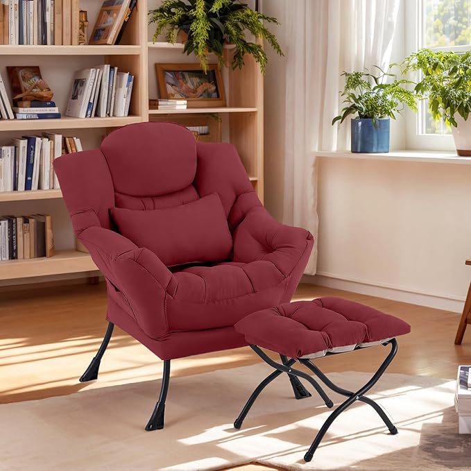 Lazy Chair with Ottoman, Comfy Fabric Accent Lounge Armchair with Lumbar Pillow - Image 4
