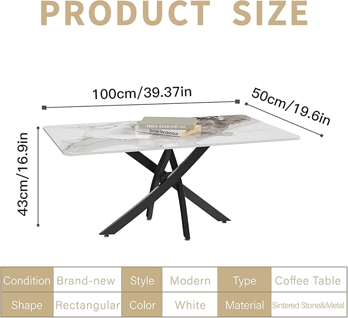 White Marble Coffee Table with Metal Legs, Rectangle Modern Sintered Stone - Image 2