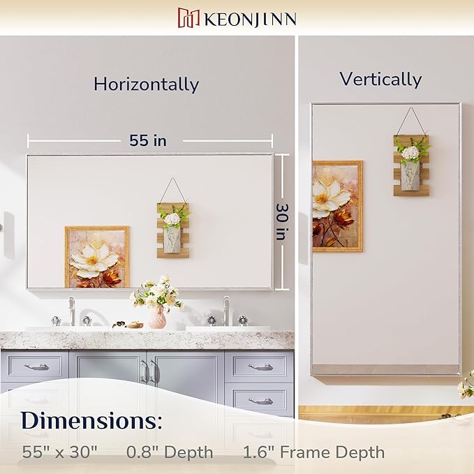 Keonjinn 55 x 30 in Brushed Silver Bathroom Vanity Mirror, Large Silver Framed - Image 7