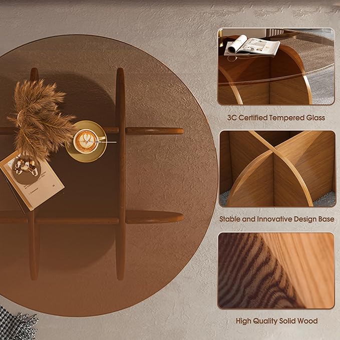 Modern Round Coffee Table with Solid Wood Legs, 31.5'' Glass Coffee Tables - Image 3